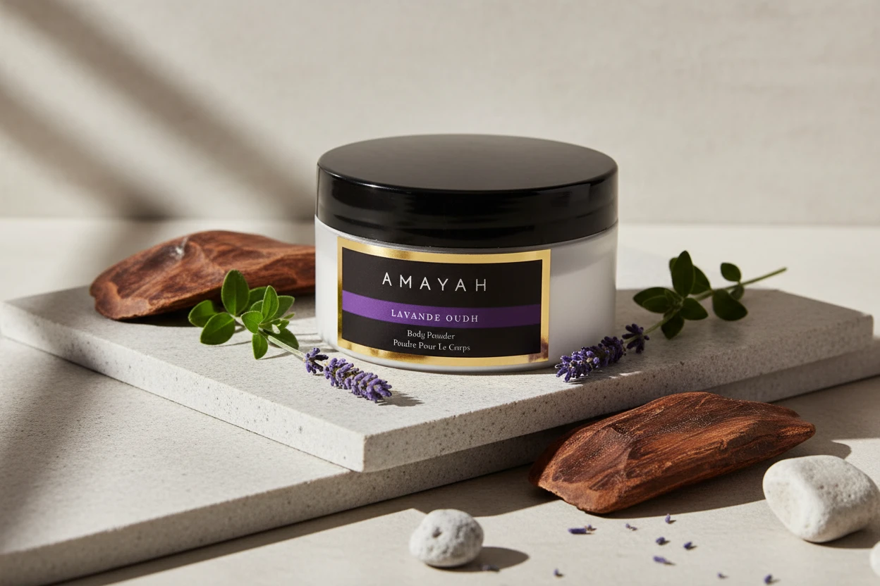 بودرة الجسم "لافندا عود" برائحة الخزامي، مسك، عود