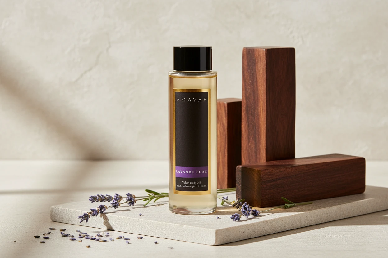 زيت الجسم المخملي "لافندا عود" برائحة الخزامي، مسك، عود