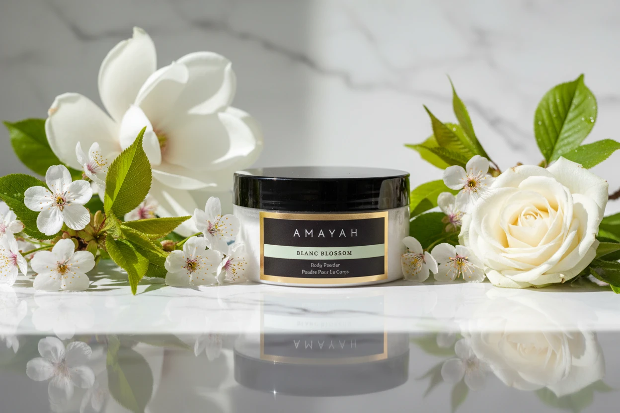 بودرة الجسم "بلانك بلوسم" برائحة الزهور البيضاء، مسك، حمضيات