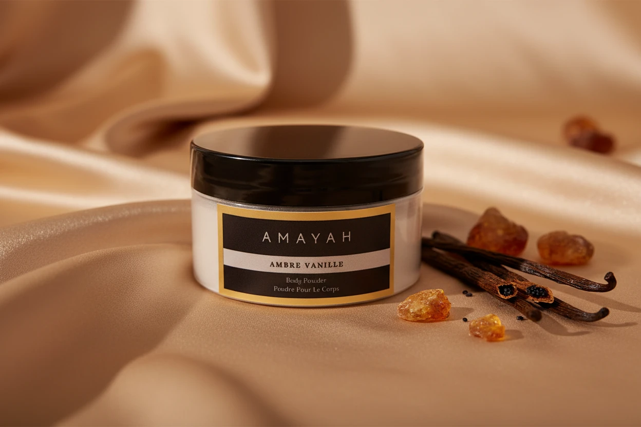 بودرة الجسم "امبري فانيل" برائحة عمبر، فنيلا و مسك